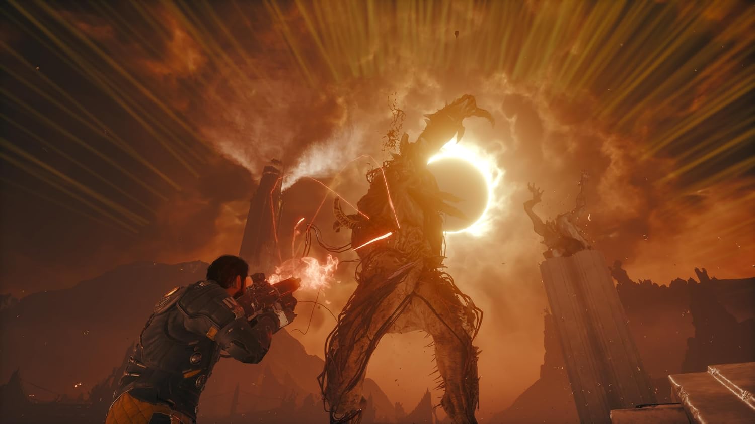 Two characters in a fantasy setting with a large creature and glowing energy effect.