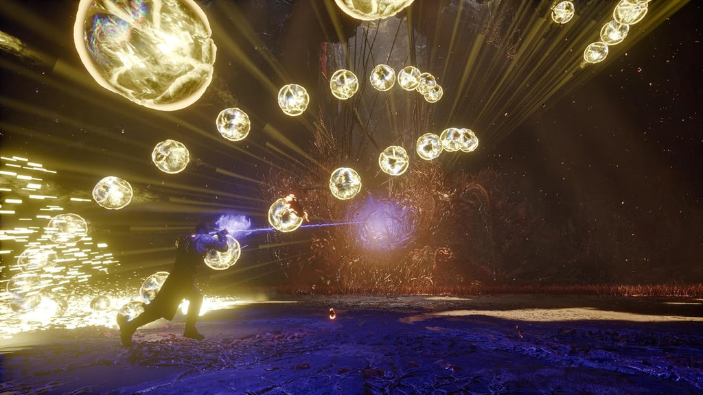 Person holding a flashlight amidst glowing orbs and lights in a dark setting